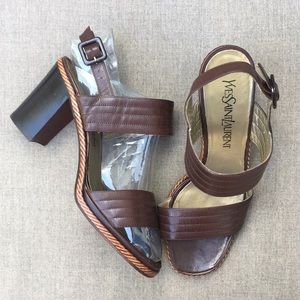 YVES SAINT LAURENT Block Heel Leather Sandals in Chocolate Brown